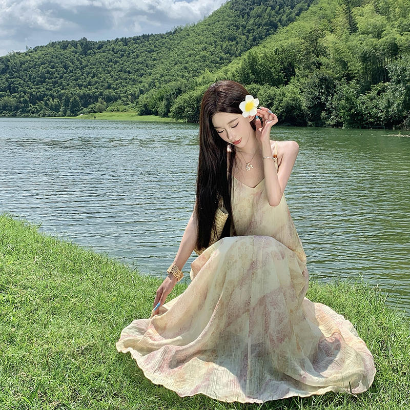 法式慵懶暈染印花長款串珠吊帶連衣裙夏新款復古寬松度假長裙