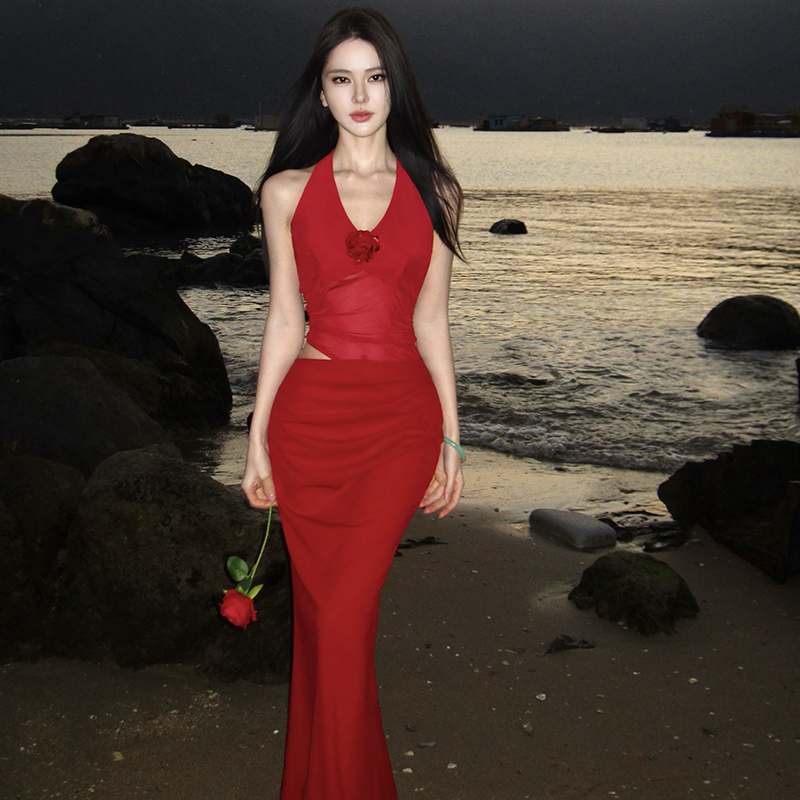 掛脖紅色連衣裙女夏季網紗拼接氣質性感海邊宴會晚禮服裙