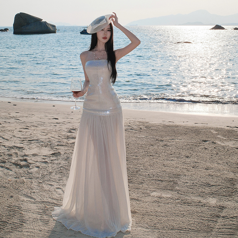 海邊度假長裙高級感名媛禮服拖地網紗裙抹胸亮片連衣裙女