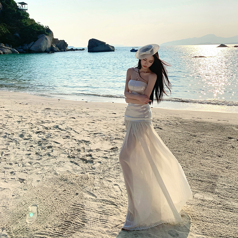 海邊度假長裙高級感名媛禮服拖地網紗裙抹胸亮片連衣裙女