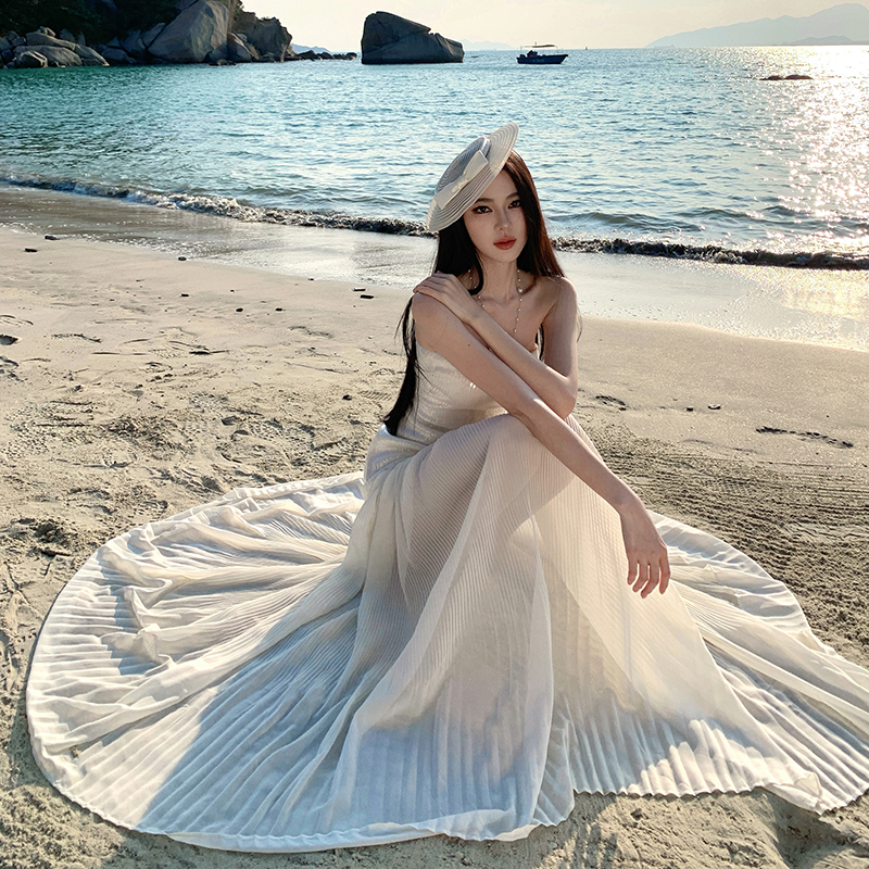 海邊度假長裙高級感名媛禮服拖地網紗裙抹胸亮片連衣裙女