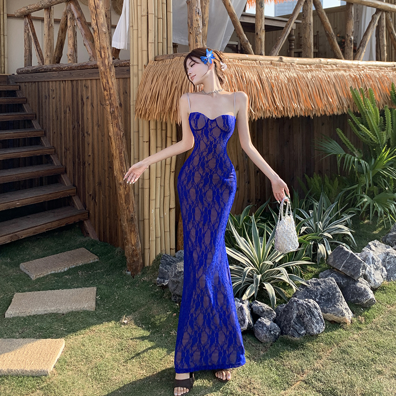 寶藍色度假風連衣裙女修身吊帶露背魚尾包臀生日禮服長裙