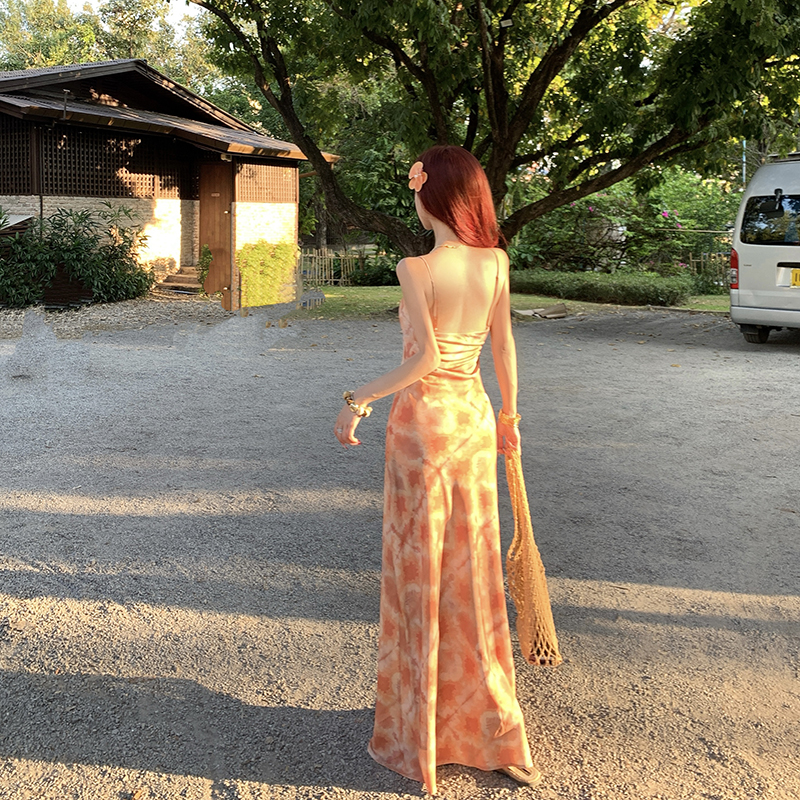 法式水墨印花吊帶連衣裙拍照禮服海島度假風旅游沙灘裙