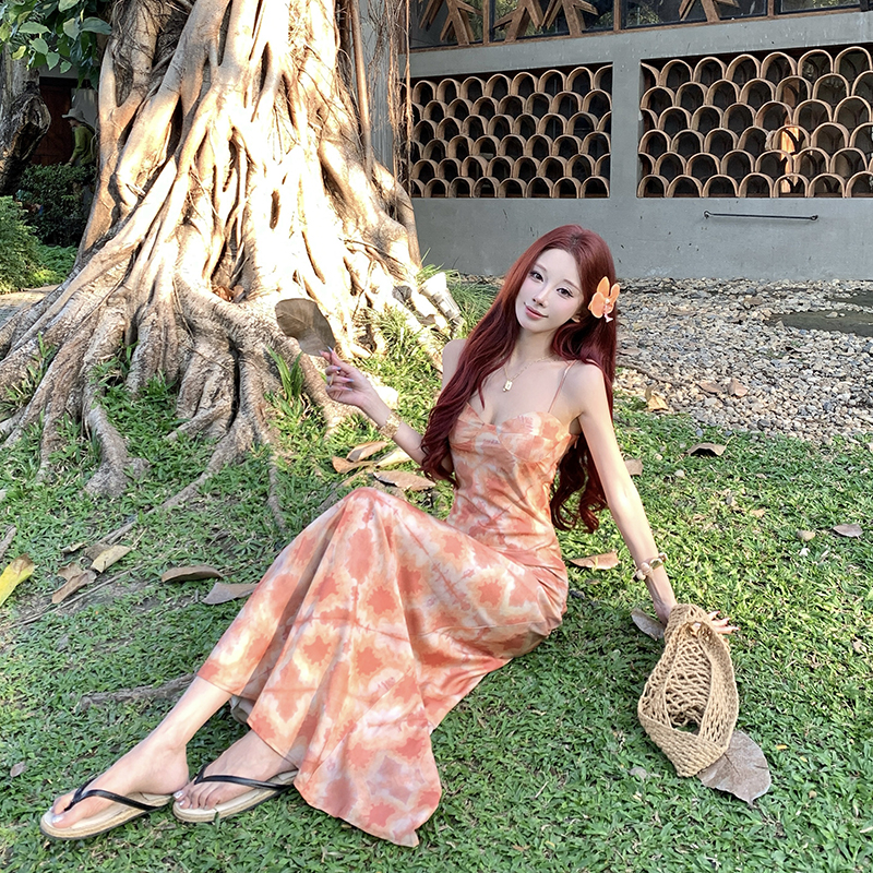 法式水墨印花吊帶連衣裙拍照禮服海島度假風旅游沙灘裙