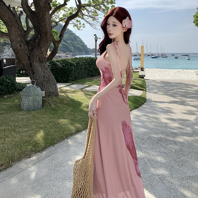 鳶尾花印花褶皺露肩吊帶連衣裙修身彈力網紗連衣裙