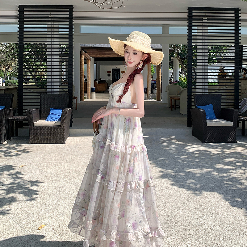 法式碎花吊帶裙海邊沙灘長裙重工燙金收腰小裙子女夏季