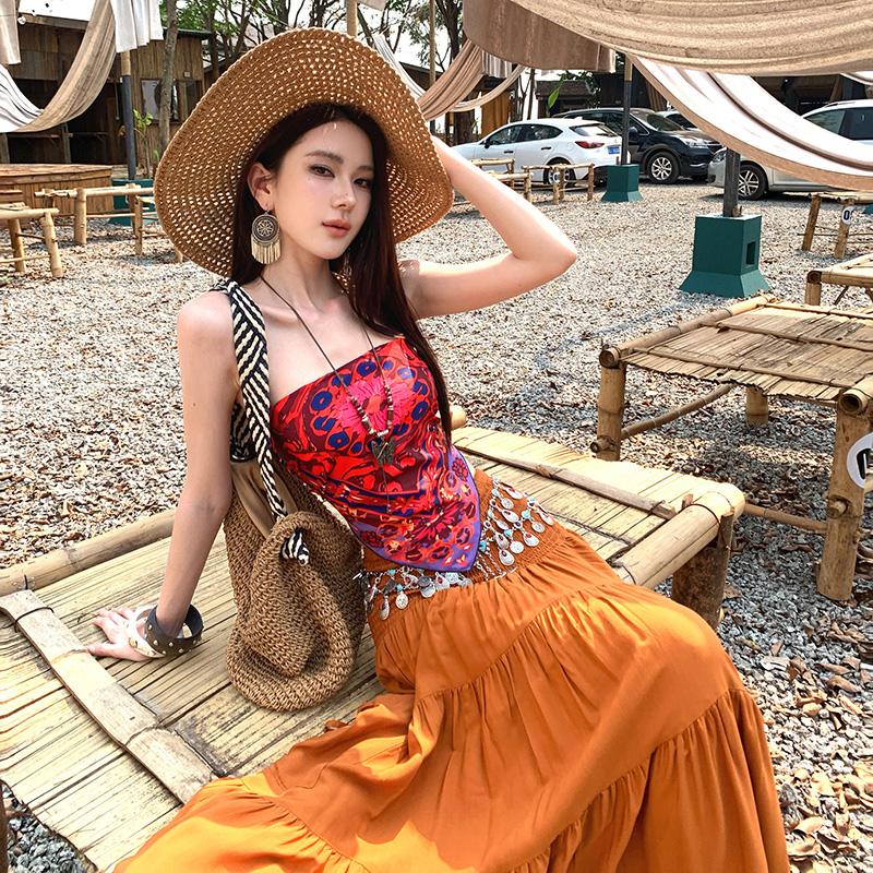泰國度假波西米亞復古民族風套裝女印花抹胸上衣半身裙兩件套