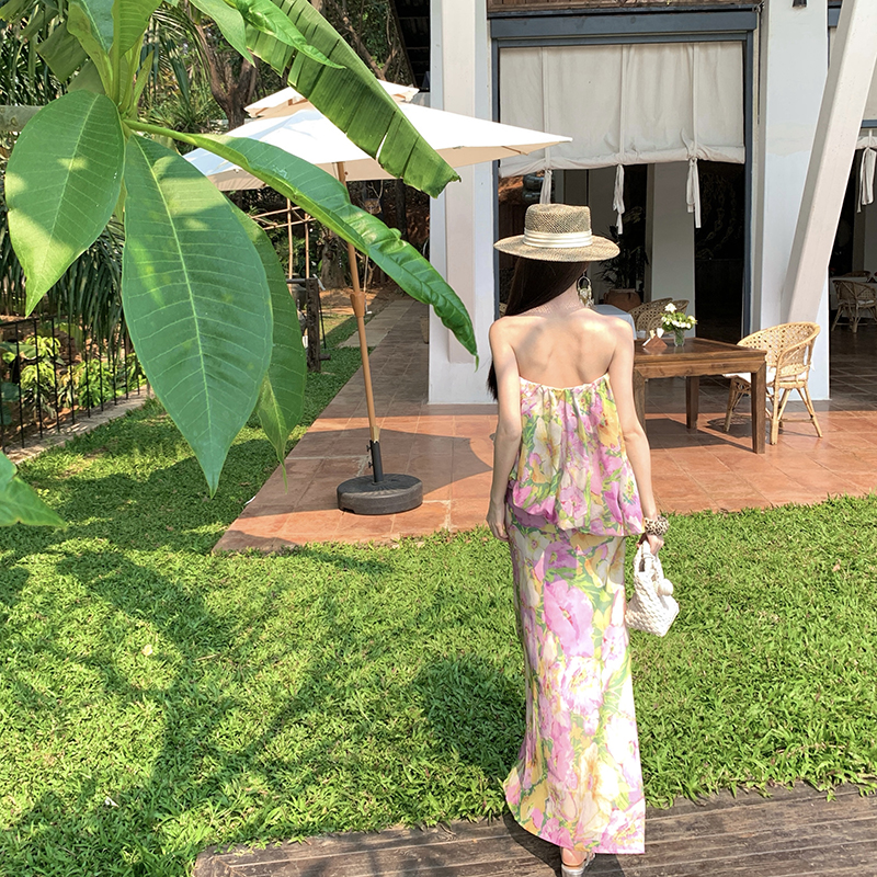 絕美復古碎花抹胸連衣裙女夏季海邊度假顯瘦露肩長裙子海島沙灘裙