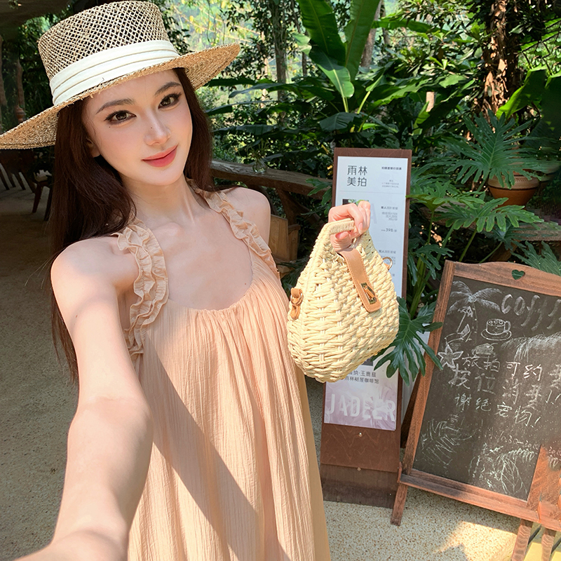 復古風浪漫花邊吊帶裙女露肩度假風連衣裙