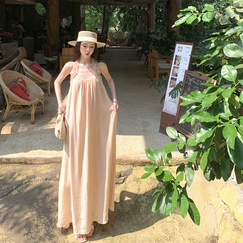 復古風浪漫花邊吊帶裙女露肩度假風連衣裙