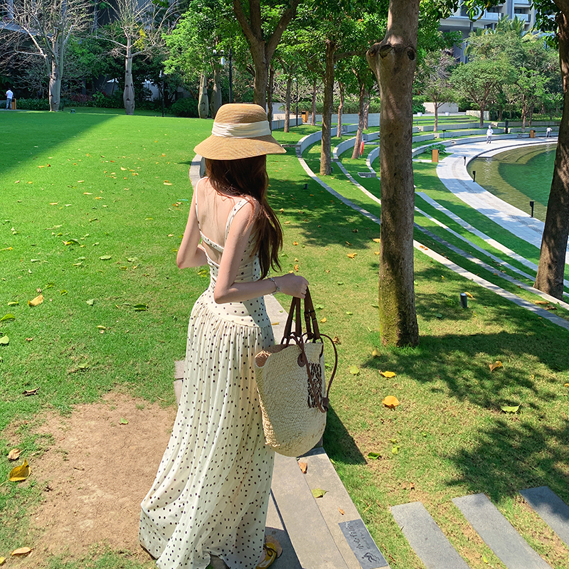 實拍波點復古收腰網紗吊帶連衣裙女夏長款露背度假裙
