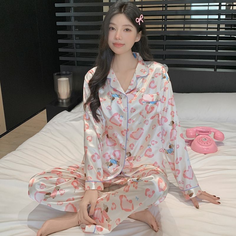 MY15199# 新款韩版ins风豹纹小狗睡衣女仿真丝婚庆家居服套装女裝貨...