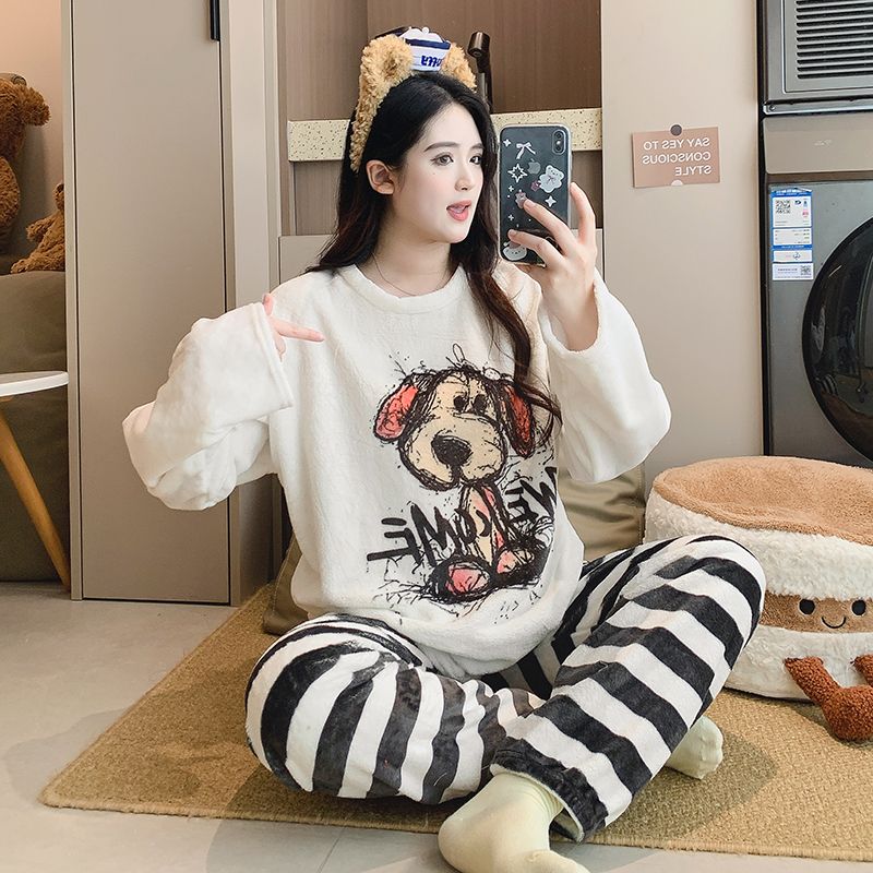 MY15197# 新款法兰绒圆领卡通甜美睡衣女韩系可爱宽松家居服套装女裝貨...