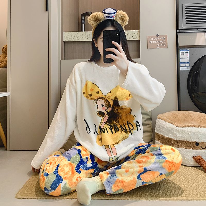 MY15196# 新款法兰绒圆领卡通甜美睡衣女韩系可爱宽松家居服套装女裝貨...