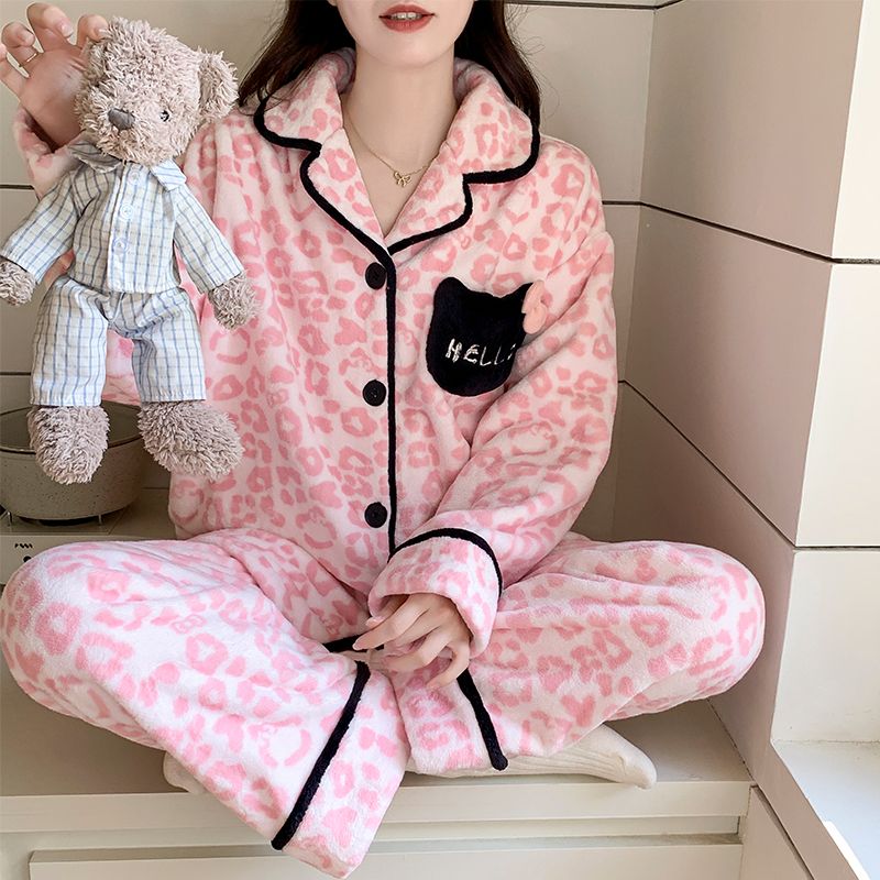 MY15188# 新款加厚法兰绒睡衣女韩系卡通开衫翻领甜美家居服套装女裝貨源服裝批發