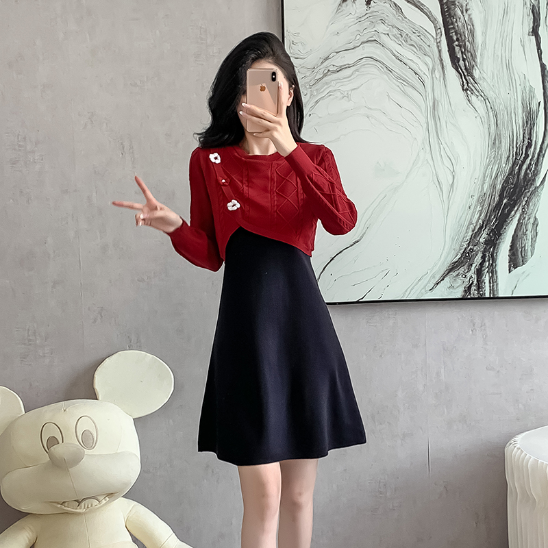 MY15155# 新款小香风修身显瘦温柔系拼色假两件针织连衣裙女裝貨源服裝...