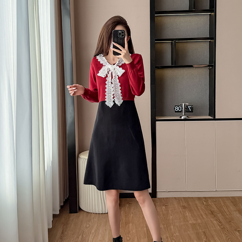 MY15154# 新款拼色针织长袖蕾丝飘带连衣裙假两件礼服裙平时可穿女裝貨...