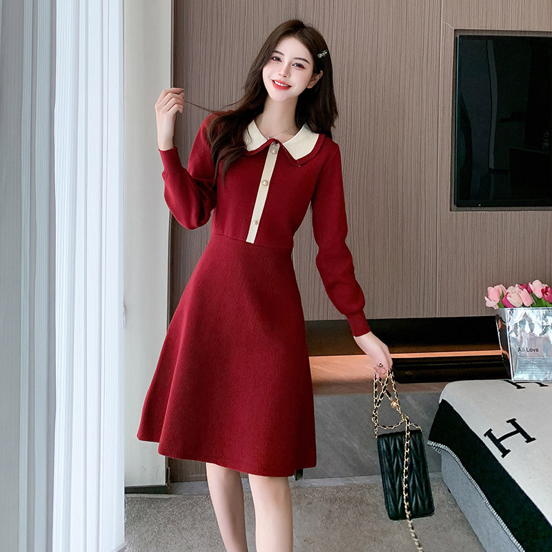 MY15158# 新款洋气娃娃领甜美超修身纯色长袖针织连衣裙女裝貨源服裝批...