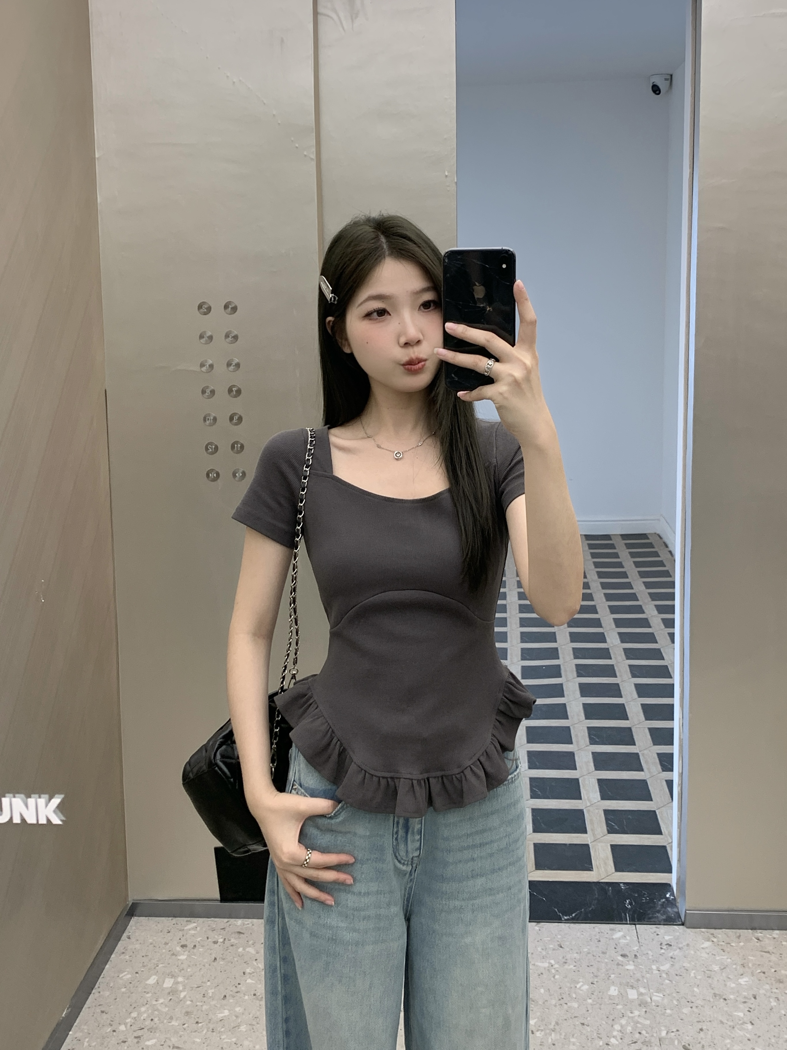 MY8296# 大码夏季新款方领甜辣减龄木耳边小众短袖T恤修身显瘦上衣女裝貨源服裝批發