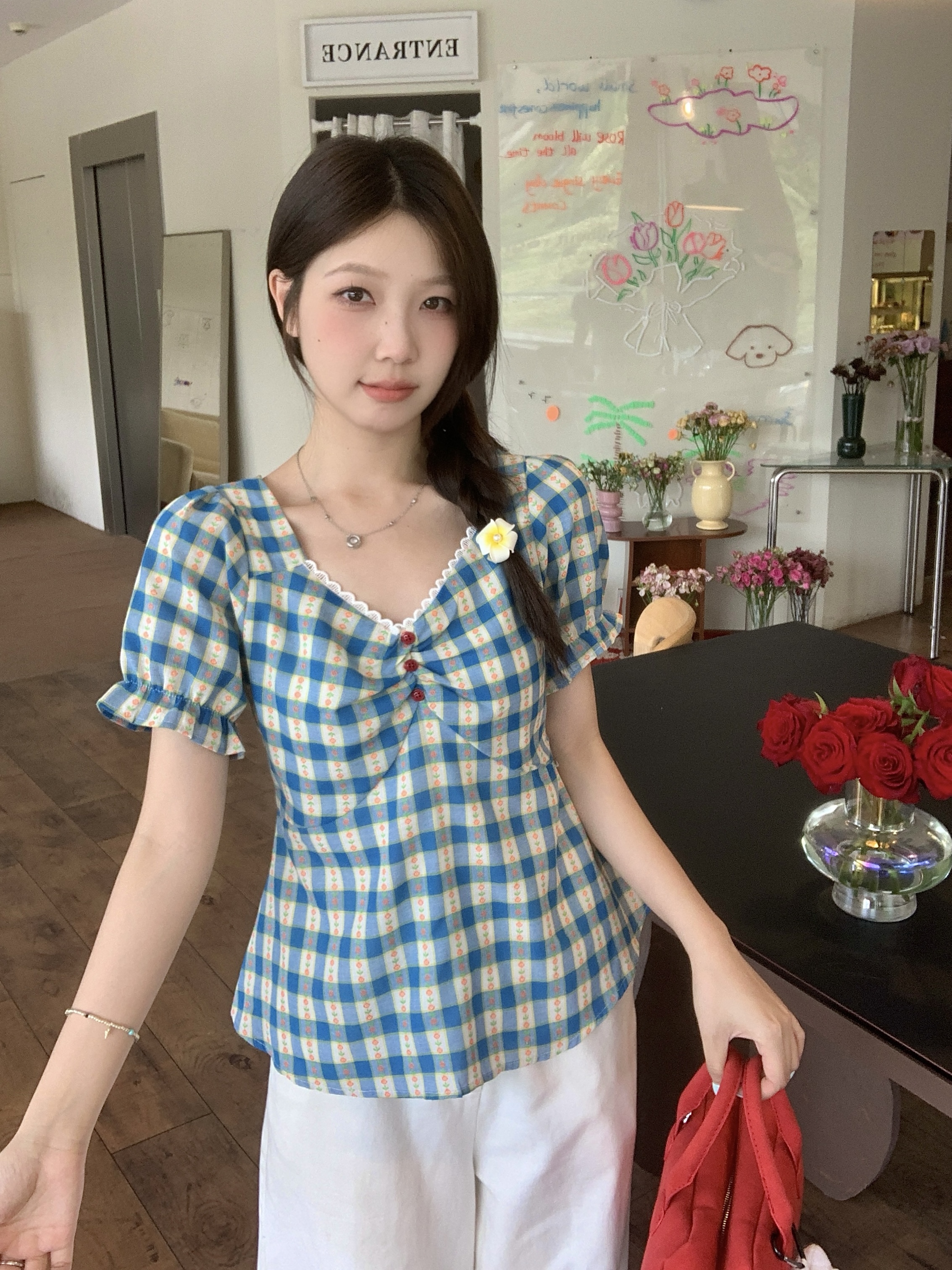 MY8287# 大码胖mm夏季新款设计感碎花格子短袖衬衫收腰显瘦绝美上衣女裝貨源服裝批發