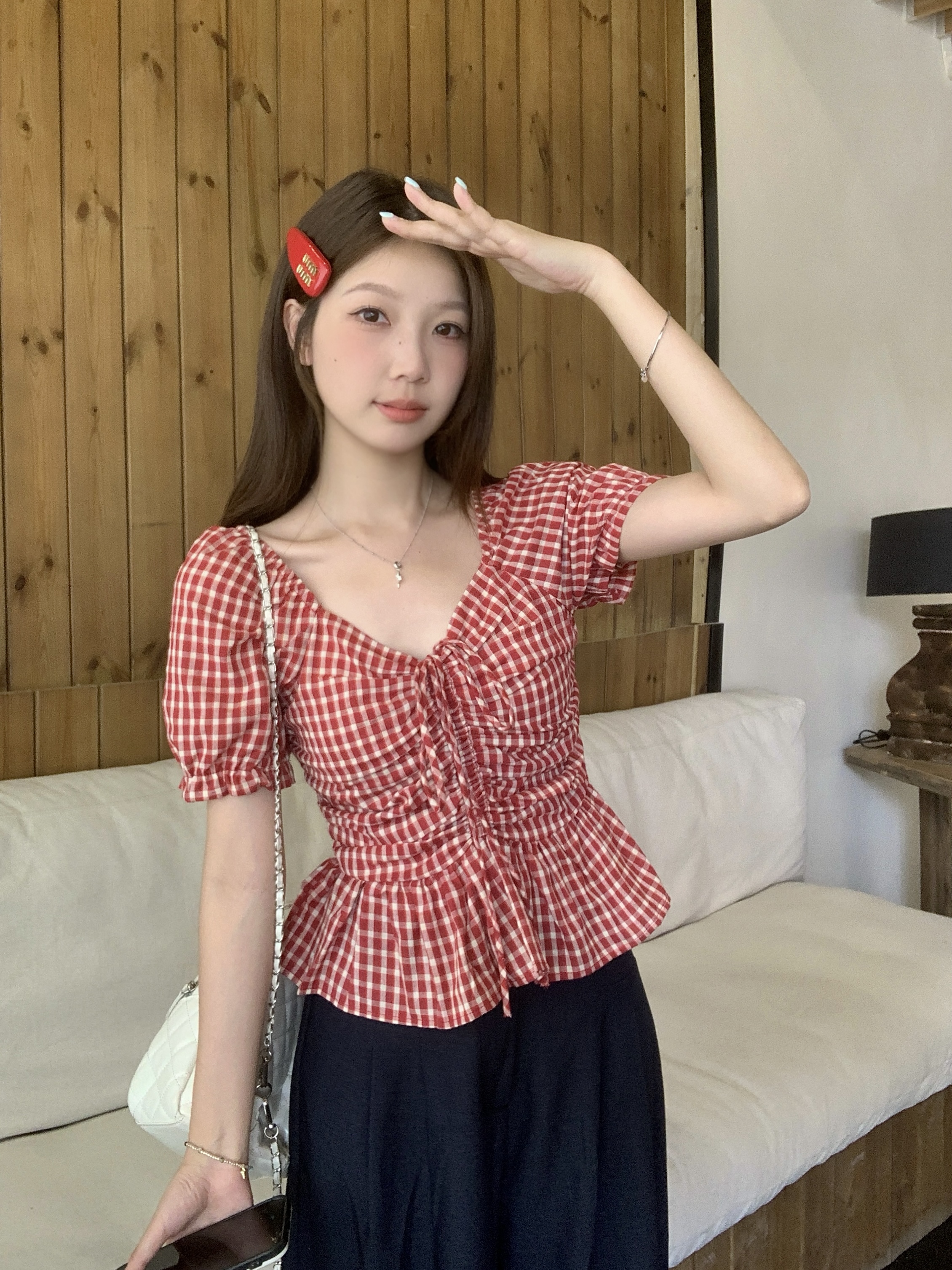 MY9160# 大码胖MM夏季新款设计感抽绳褶皱V领修身显瘦衬衫百搭上衣女裝貨源服裝批發
