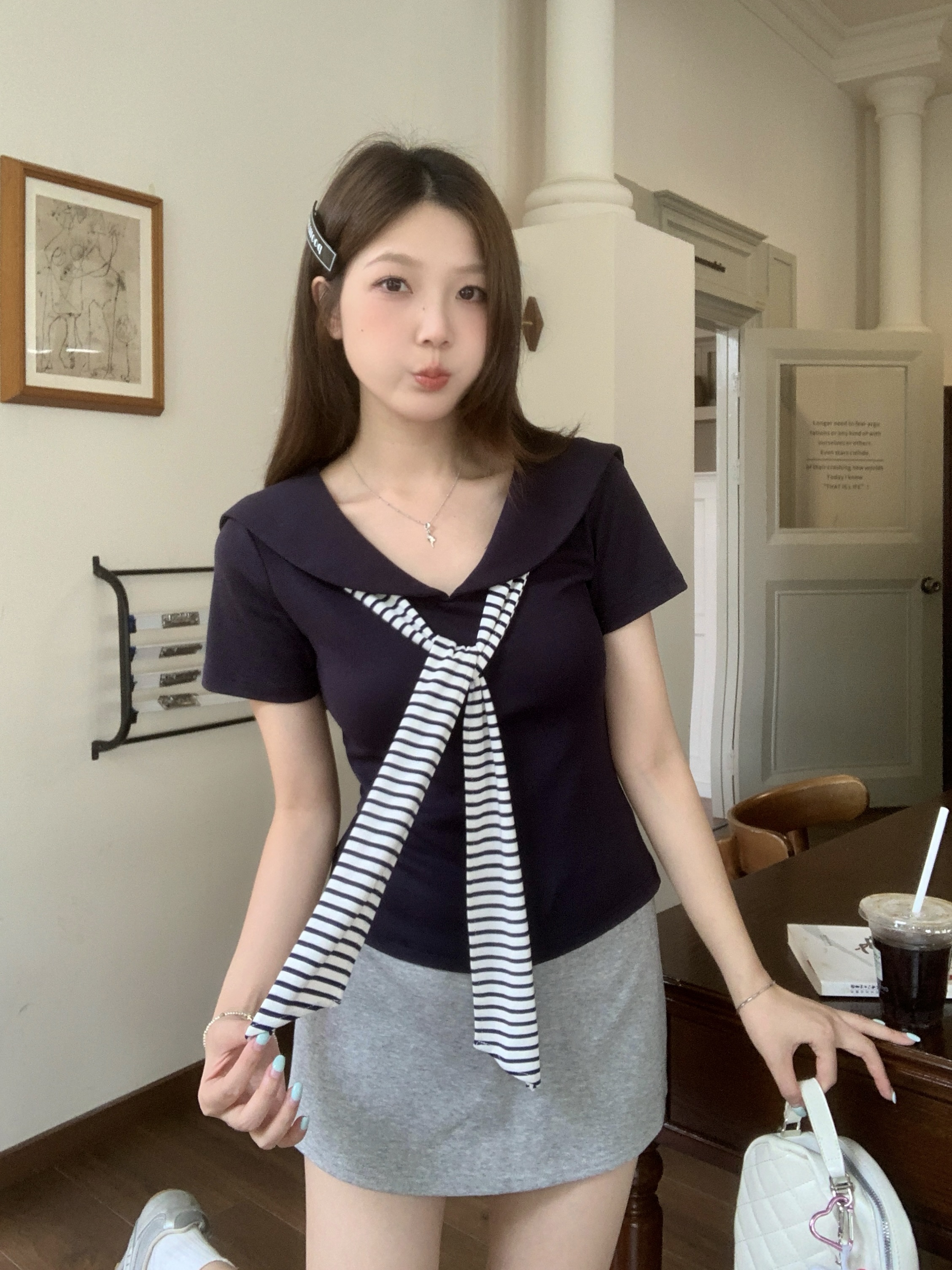 MY12586# 实拍 大码女装夏季新款复古海军领条纹撞色短袖修身显瘦百搭上衣