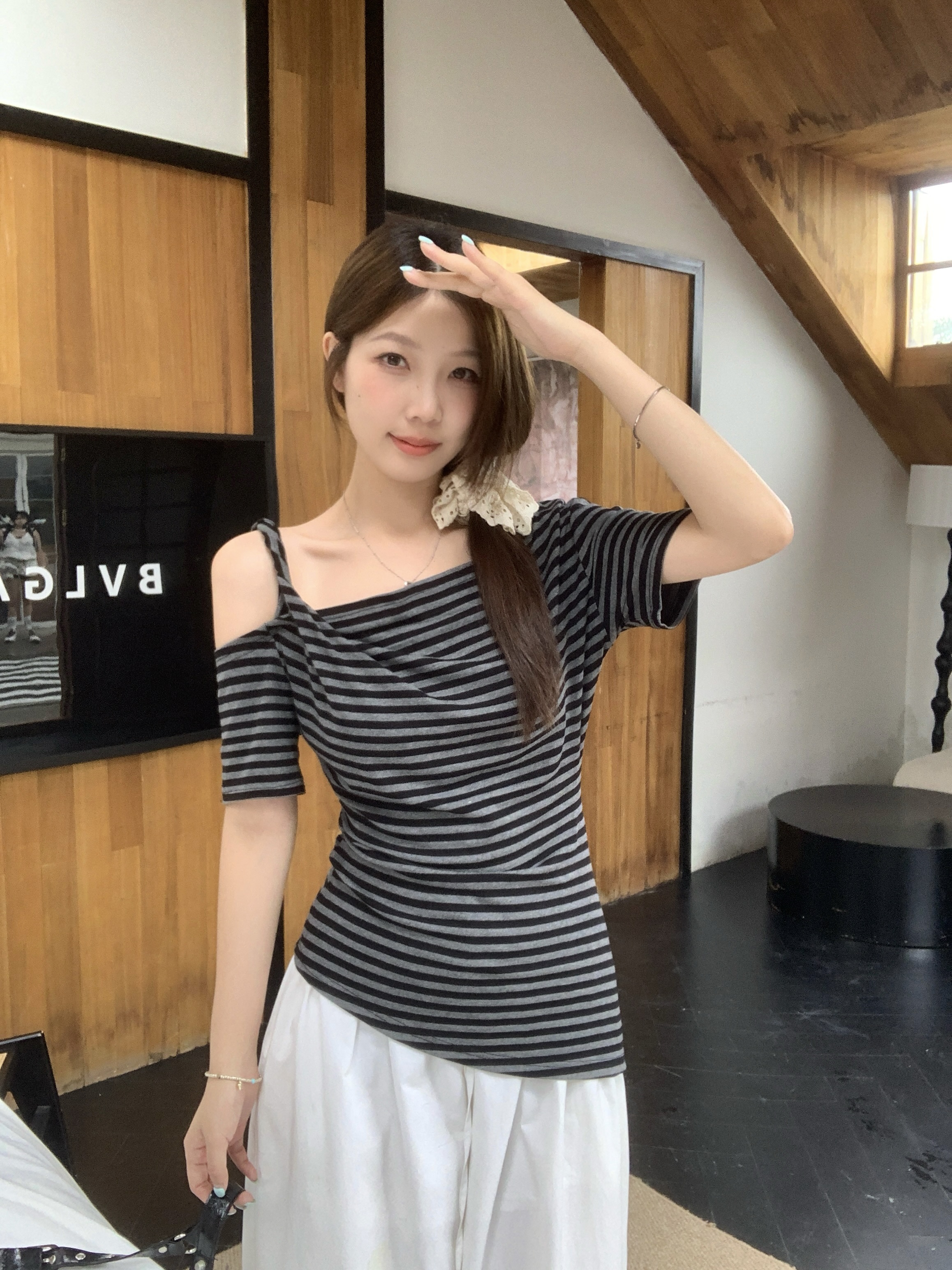 MY12585# 实拍 大码胖mm辣妹风复古条纹露肩短袖T恤斜肩修身显瘦设计感上衣