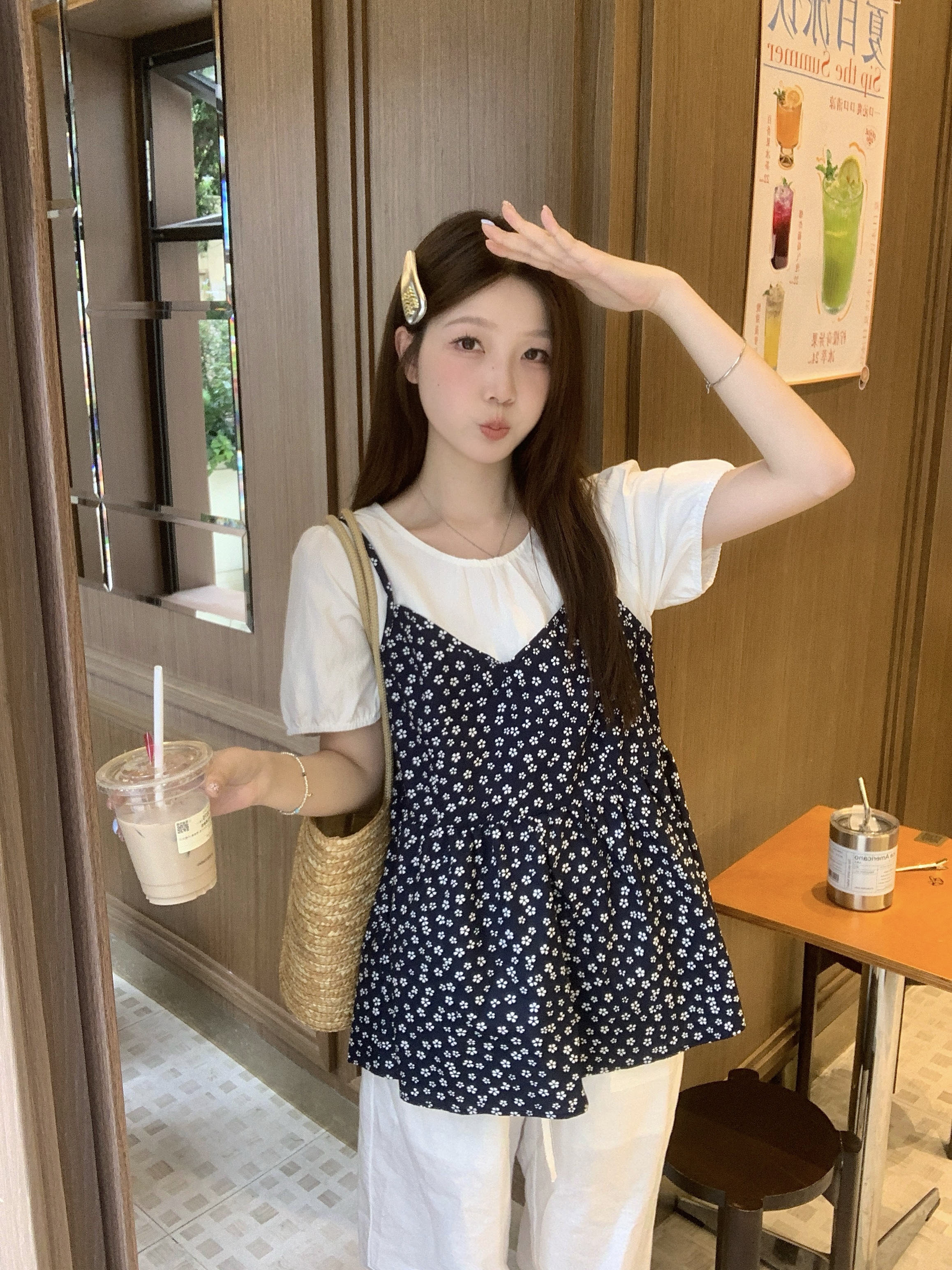 MY12584# 实拍 大码胖MM夏季新款韩系碎花吊带上衣假两件遮肉显瘦百搭衬衫