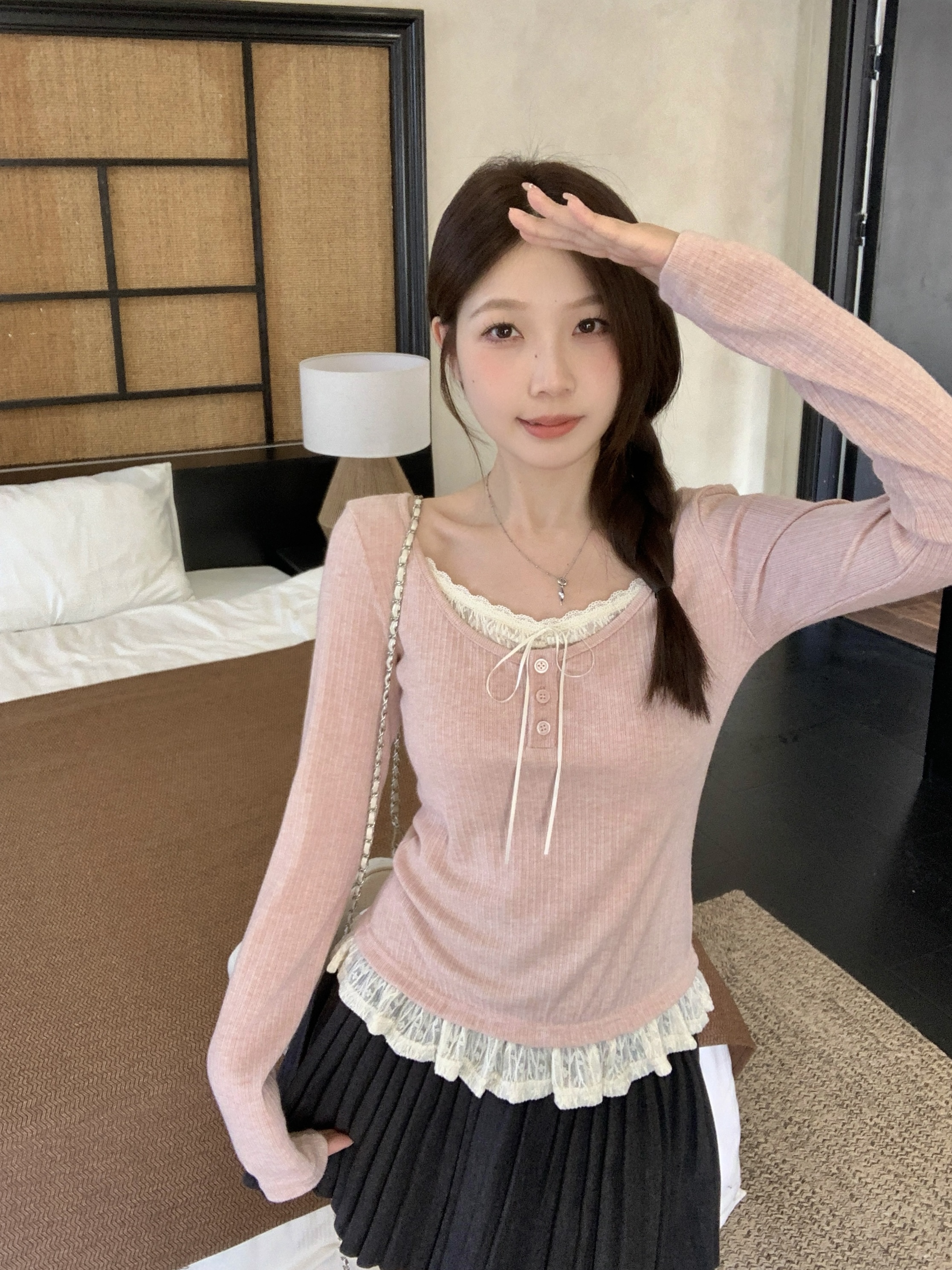MY13839# 女裝貨源大码胖MM秋冬新款韩系纯欲氛围感蕾丝假两件长袖T...