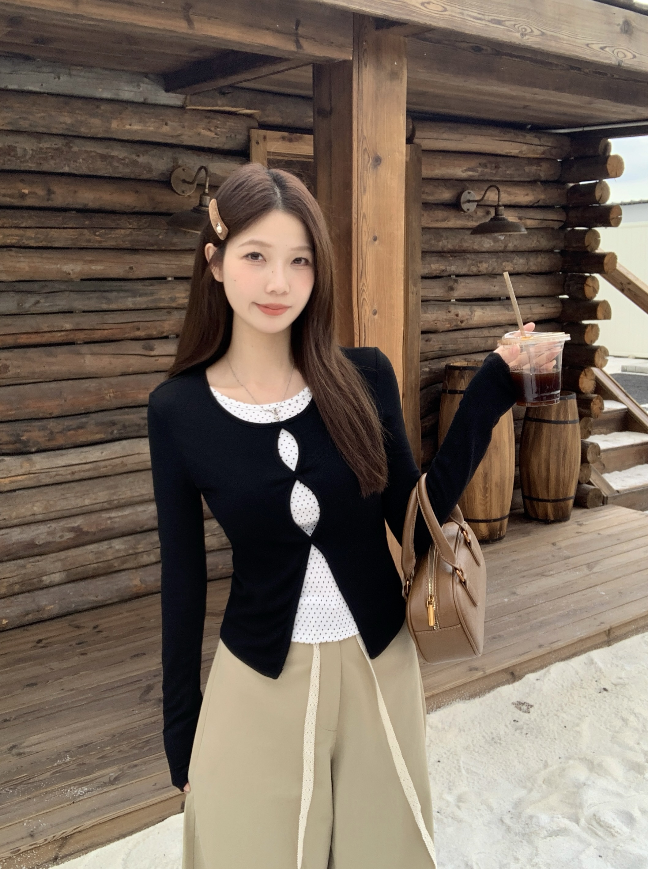MY13759# 大码胖MM新款甜辣妹设计感假两件镂空长袖T恤修身上衣女裝...