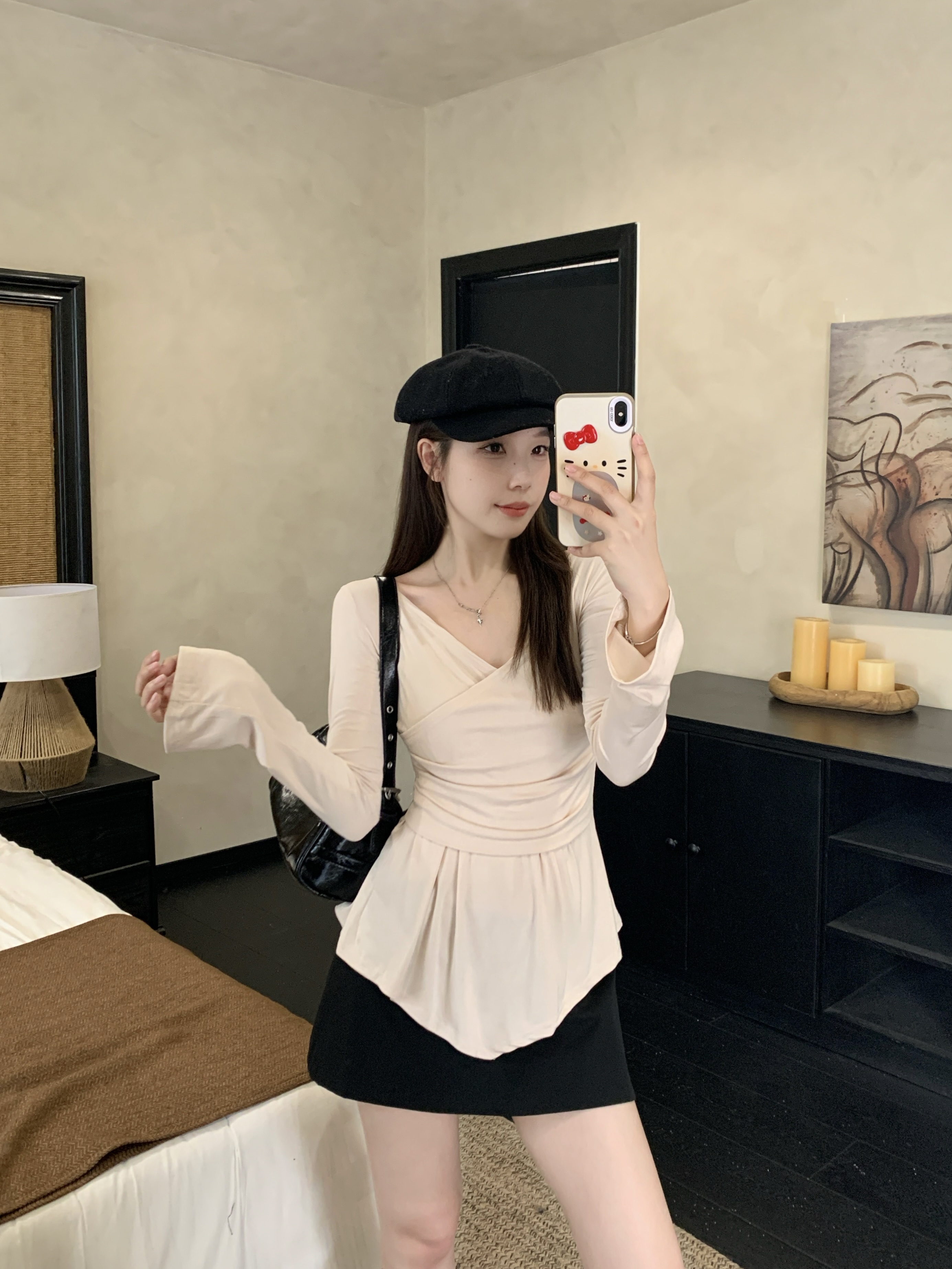 MY13843# 女裝貨源大码新款纯欲辣妹风不规则交叉V领T恤修身显瘦打底...