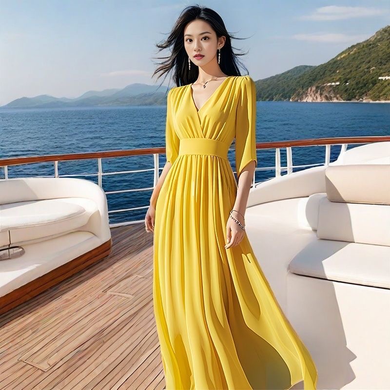 法式高端黄色V领亲肤飘逸连衣裙夏中袖气质长款海边度假大摆长裙 服裝批發女裝批發服飾貨源