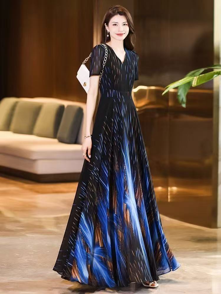 垂坠感连衣裙女夏季新款时尚高端气质显瘦高级感v领雪纺裙子 服裝批發女裝批發服飾貨源