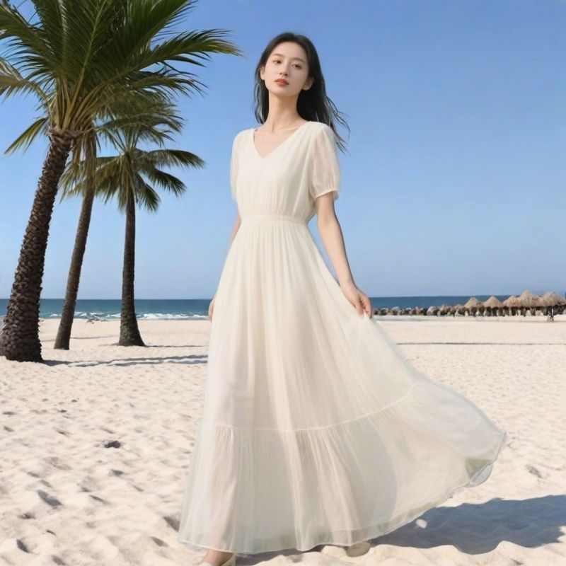 MY17170# 时尚超仙夏季白色法式新款气质连衣裙高级清新度假显瘦雪纺长...