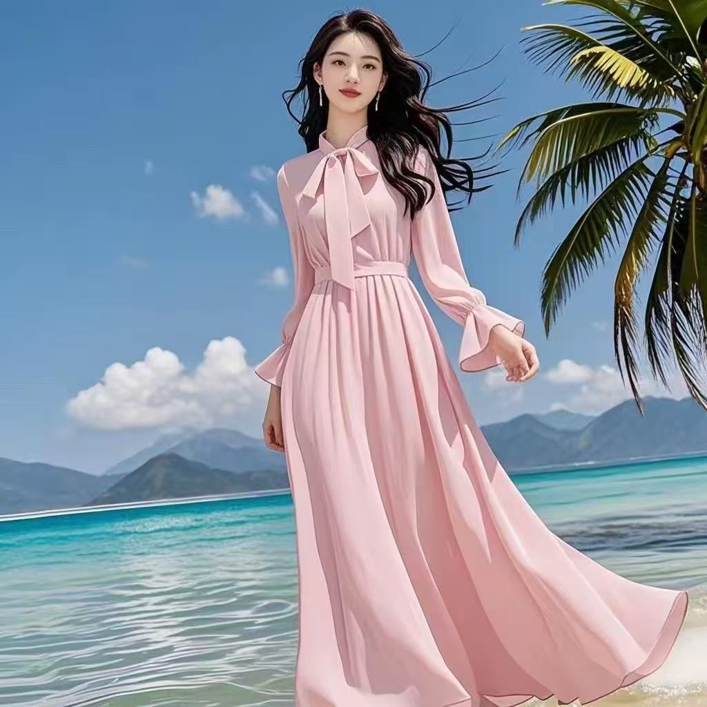 MY17169# 夏新款纯色雪纺连衣裙高级感绝美御姐气质沙滩裙拍照海边度假...