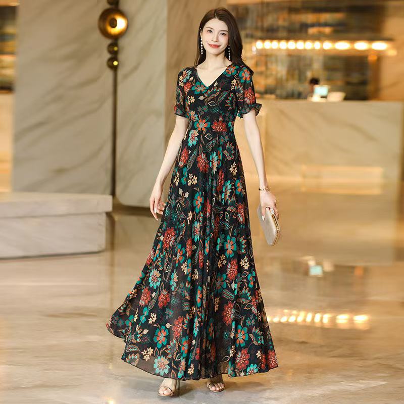 MY17168# 新款碎花雪纺连衣裙女装长裙夏季过膝收腰显瘦大码沙滩裙长款...