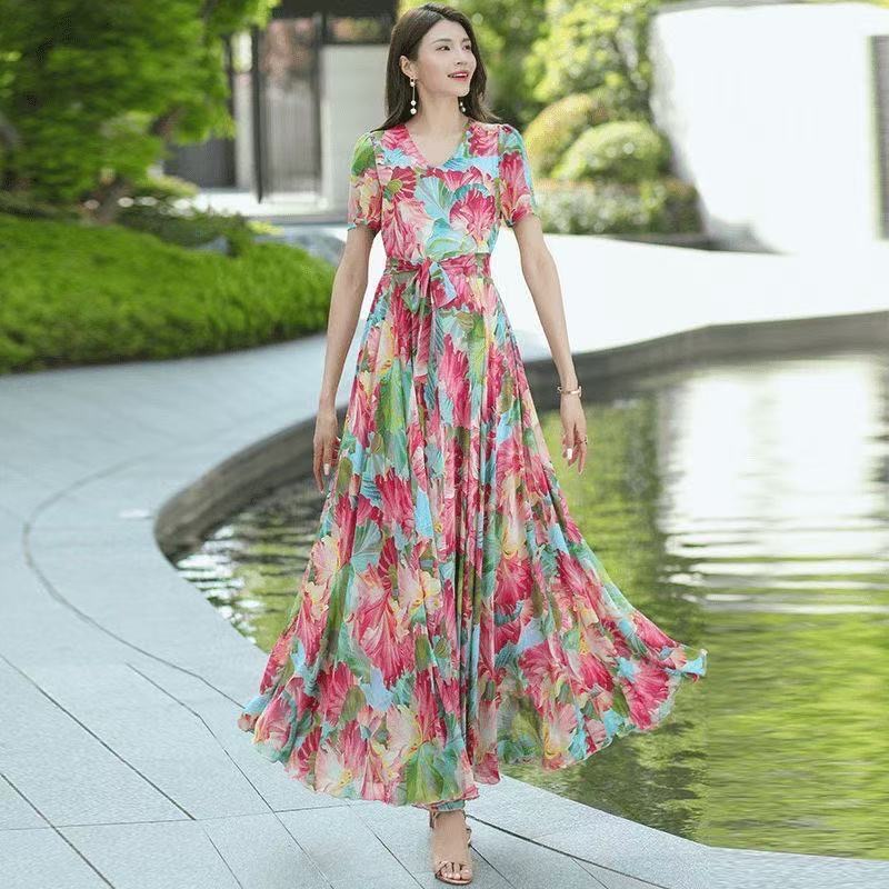 MY17167# 新款气质夏季碎花雪纺连衣裙女长裙显瘦收腰洋气长款大摆裙子女裝貨源服裝批發