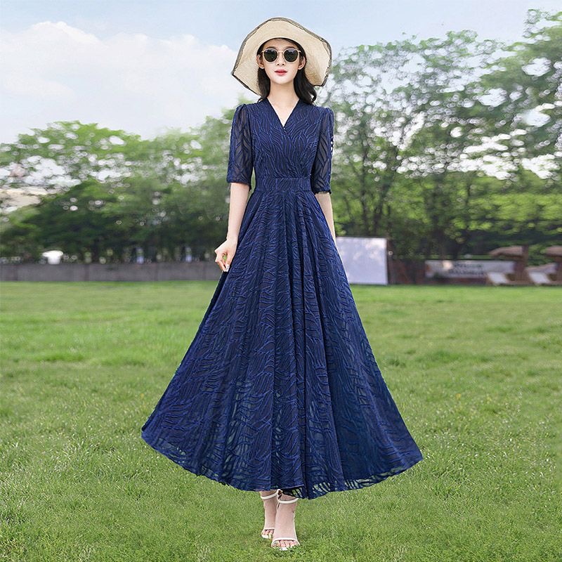 MY17165# 春夏条纹大摆连衣裙收腰显瘦旅游度假长裙雪纺裙沙滩裙女裝貨源服裝批發