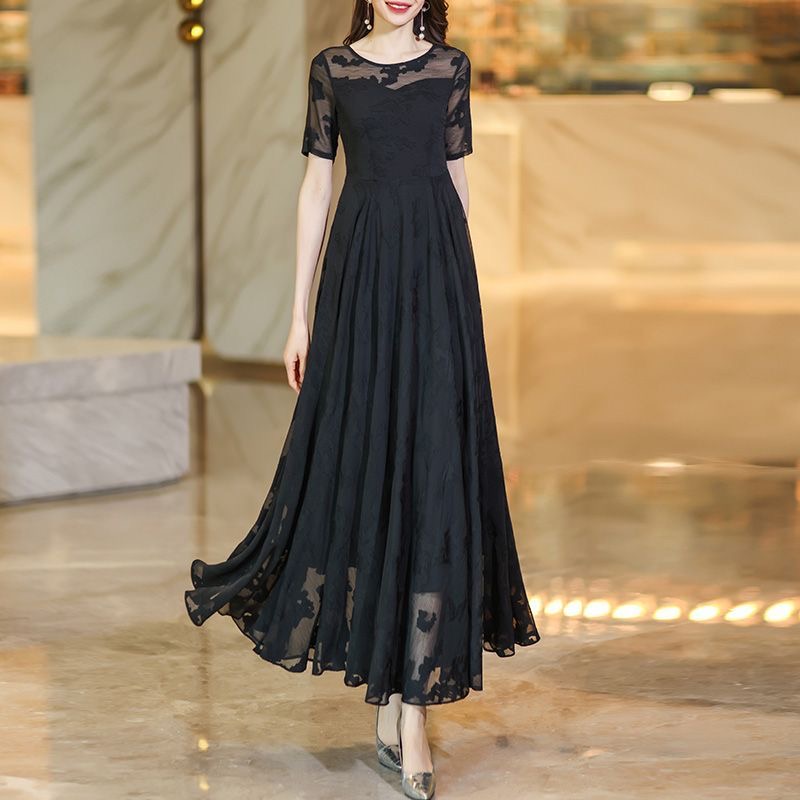 MY17164# 气质雪纺提花连衣裙女夏装2025年新款圆领网纱镂空收腰长...