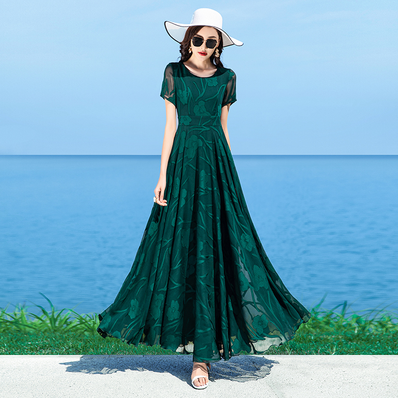 MY17161# 提花雪纺连衣裙夏季新款高级感气质显瘦显高长裙时尚减龄大摆...