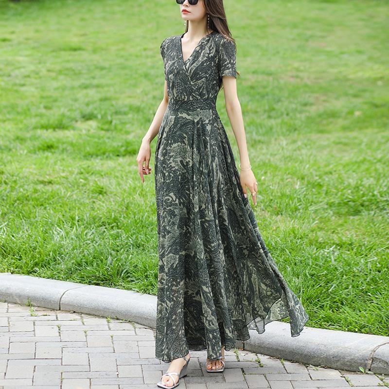 MY17160# 夏季新款雪纺短袖连衣裙女修身显瘦长款到脚踝波西米亚风长裙女裝貨源服裝批發