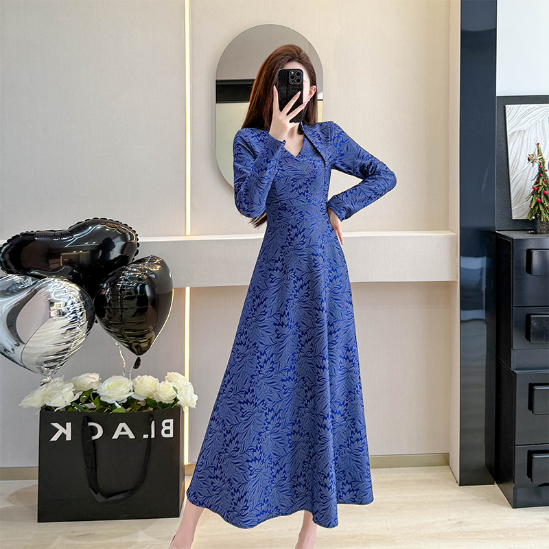 MY17157# 蓝色连衣裙新款高级感气质显瘦裙子女春秋提花长款连身裙女裝貨源服裝批發