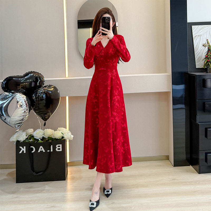 MY17156# 长袖连衣裙新款长裙V领修身大摆轻奢高级感显瘦裙长款女裝貨...