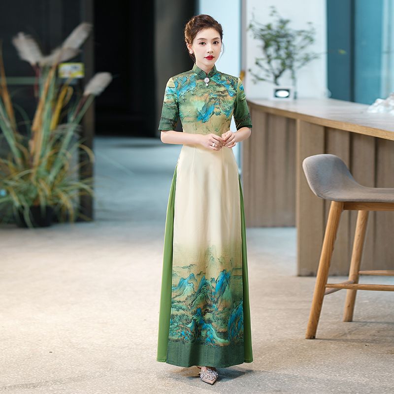 MY17153# 夏季改良旗袍女新中式舞台走秀演出服中老年舞蹈服复古连衣裙...