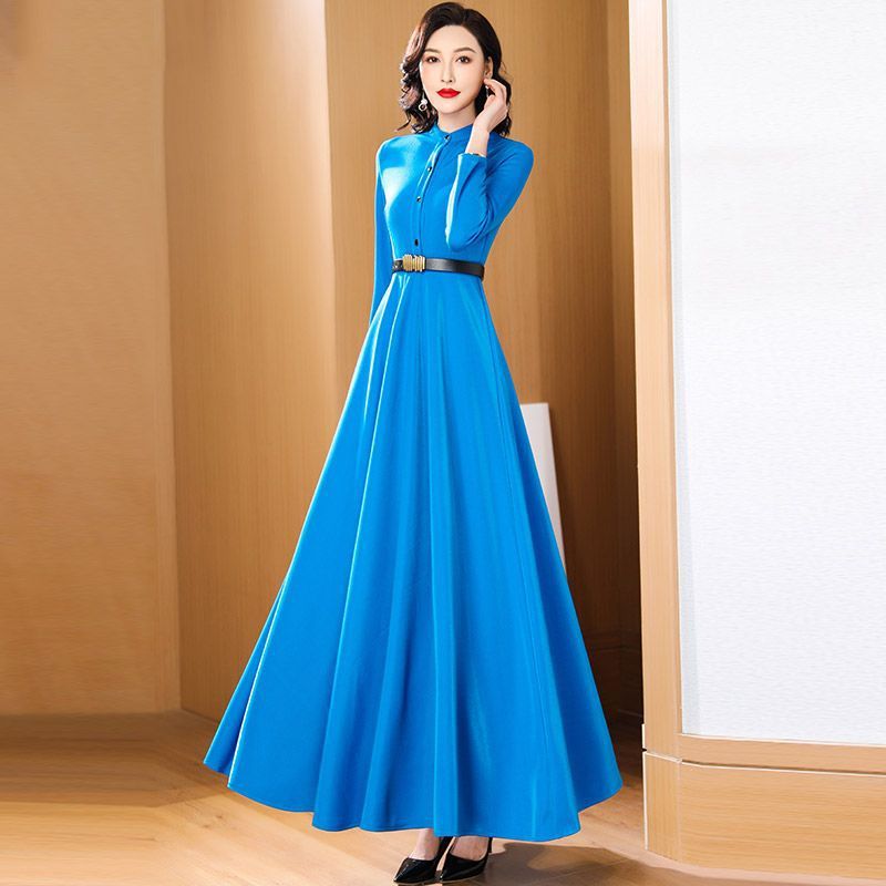 MY17152# 新款红色连衣裙女高端气质小立领百搭时尚收腰显瘦长裙女裝貨...