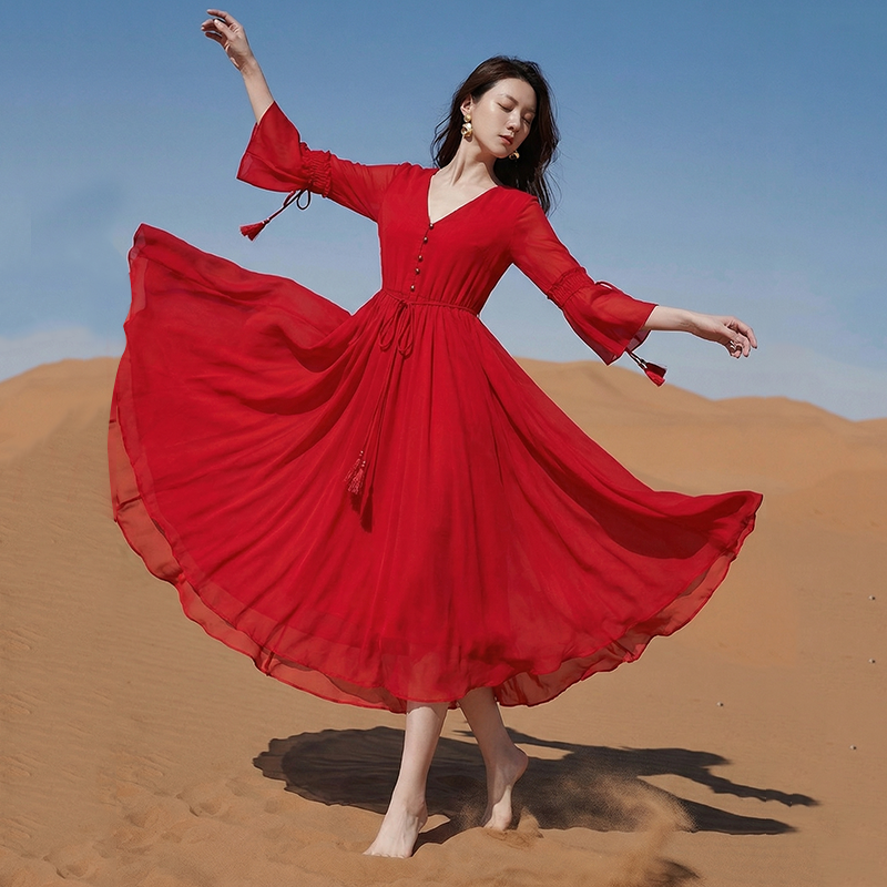 RY1346# 茶卡盐湖大红色连衣裙超仙女复古长裙新疆云南旅游拍照沙漠红裙...