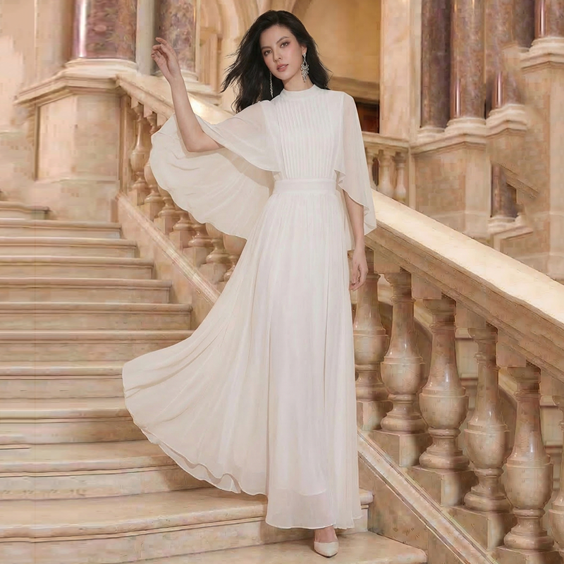 RY1345# 斗篷轻奢女装连衣裙大喇叭袖半高领白色长款裙子雪纺超长裙大摆...