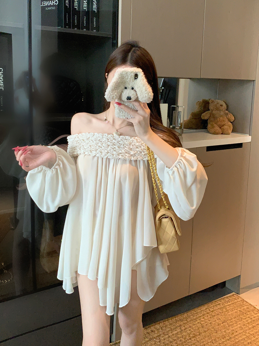RY6637# 实拍大码米色雪纺弹力一字肩气质仙气纱裙女不规则设计连衣裙女...