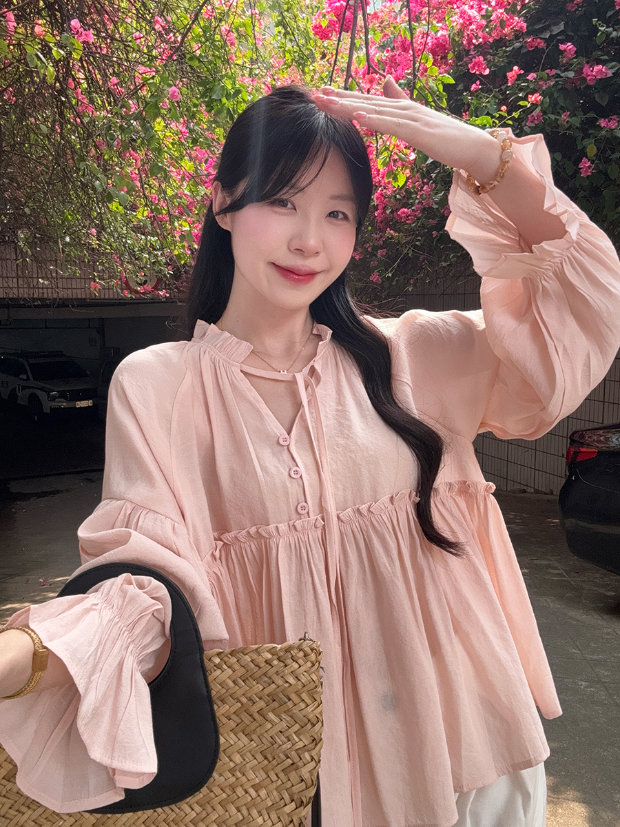 RY6635# 实拍 大码法式甜美木耳边仙女a字摆娃娃衫上衣气质百搭显瘦衬...
