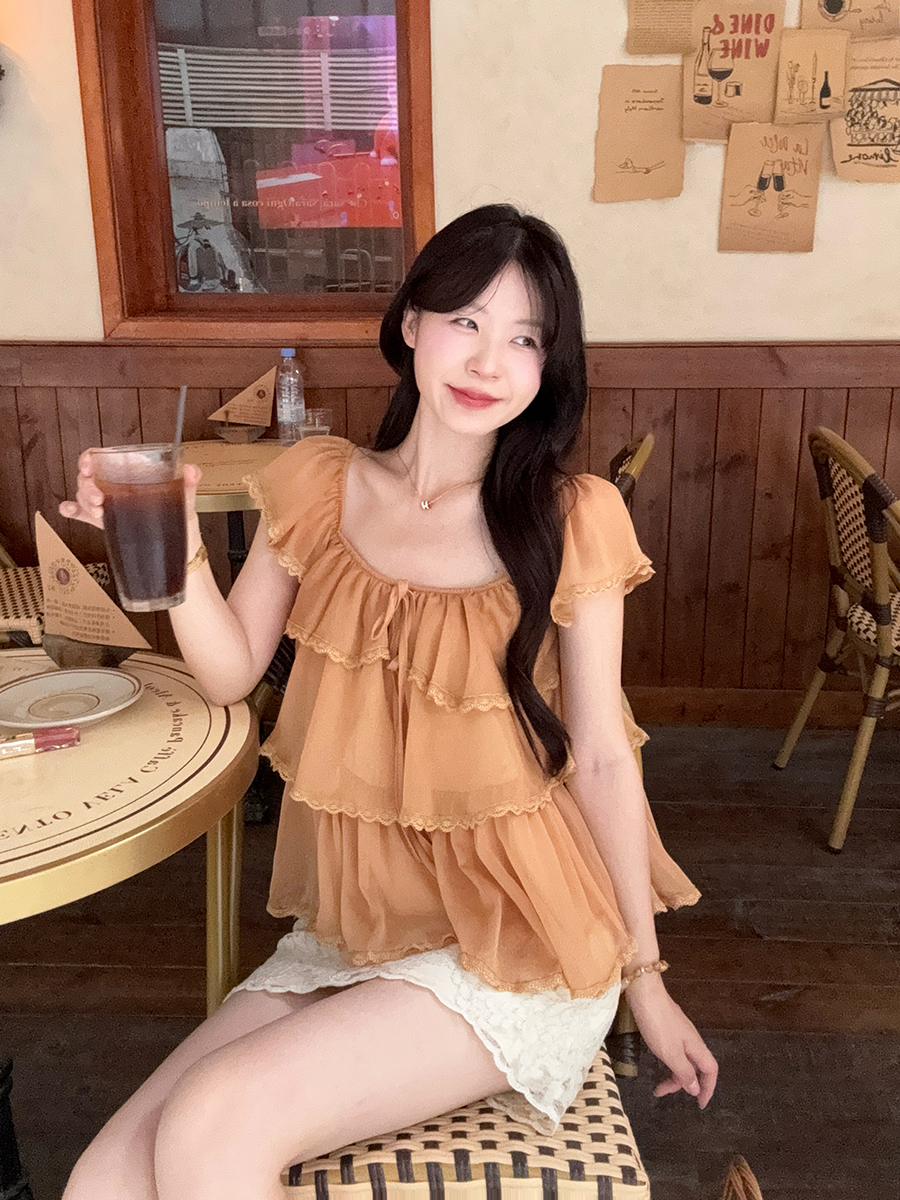 RY6634# 实拍 大码古早甜妹小飞袖蕾丝边轻纱小衫